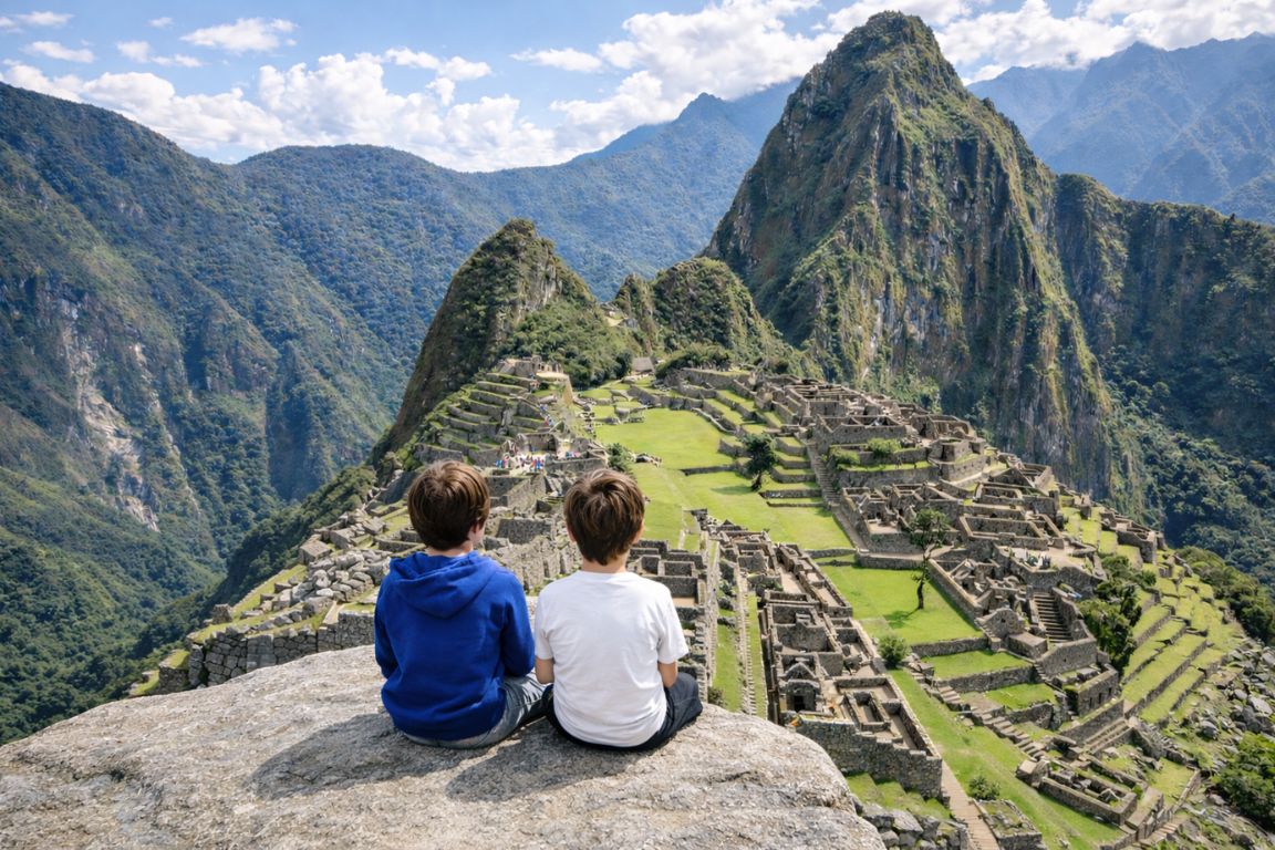 Kids enjoying panoramic views of Machu Picchu on a Machu Picchu Guided Tours family tour.