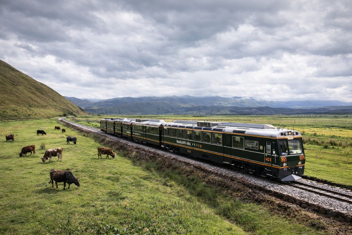 Inca Rail train traveling through the Sacred Valley during a Machu Picchu Guided Tours experience.