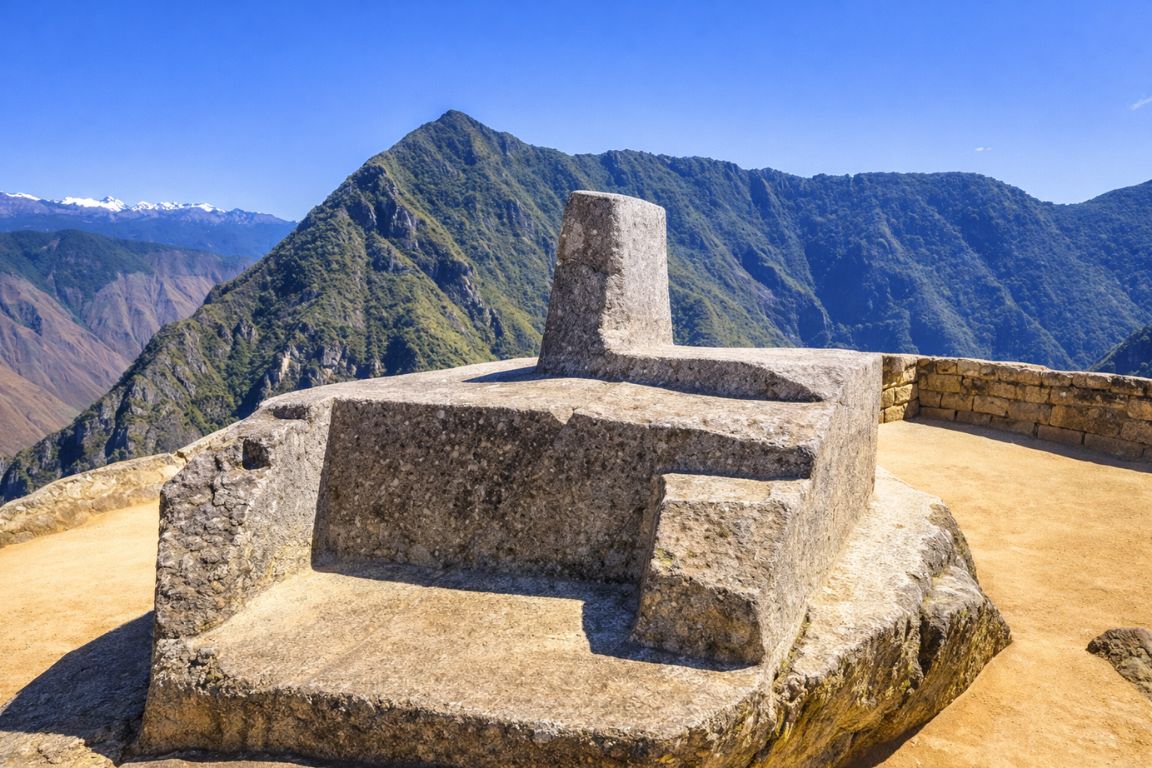 Intihuatana stone at Machu Picchu visited during a guided tour with Machu Picchu Guided Tours.