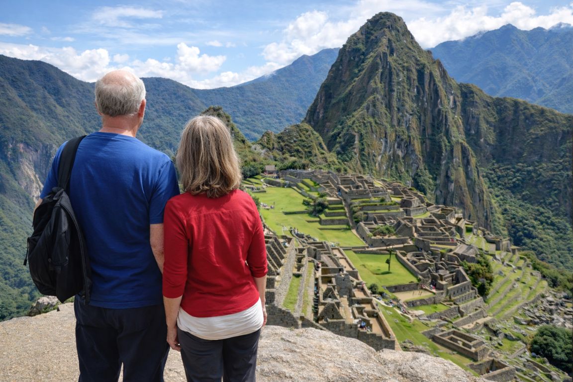 Senior couple admiring Machu Picchu during a guided experience with Machu Picchu Guided Tours.