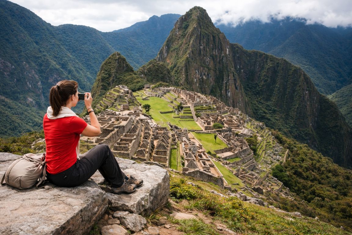 Woman photographing Machu Picchu from panoramic viewpoint on a Machu Picchu Guided Tours excursion.